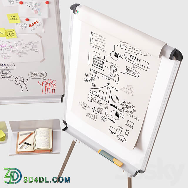 Magnetic whiteboard Flipchart set for creating drawings with a marker Office furniture 3D Models