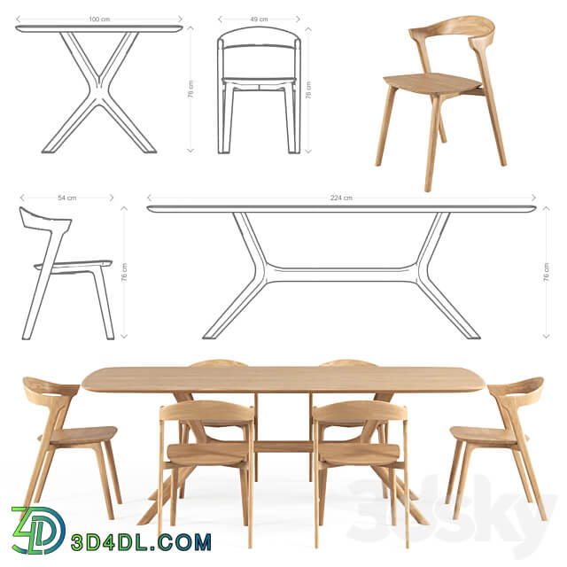 Oak bok chair oak x table Table Chair 3D Models