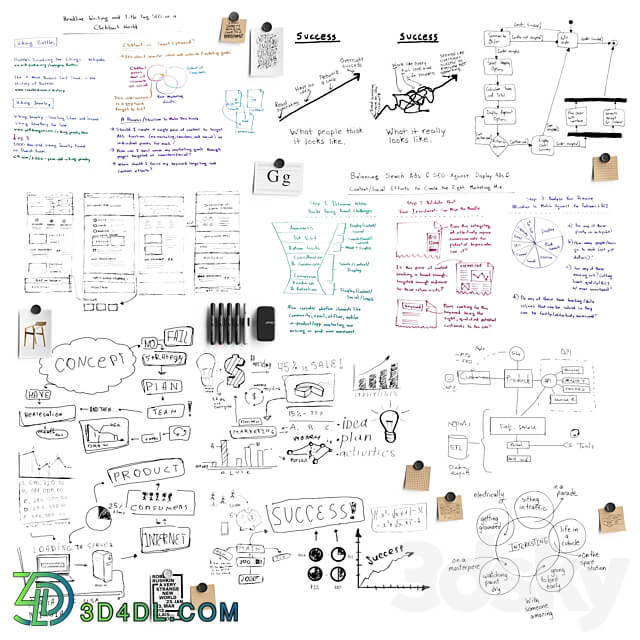 Whiteboard Notes Stickers Set 2 3D Models