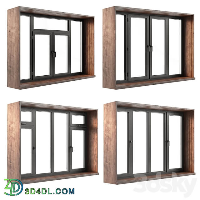 A set of plastic windows with wooden trim.