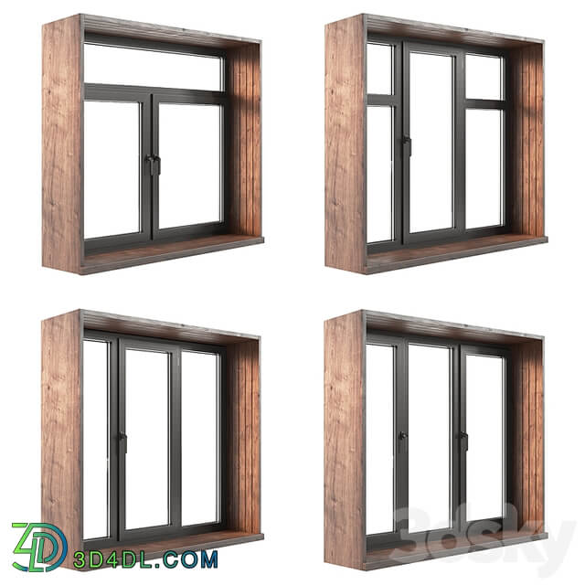 A set of plastic windows with wooden trim.