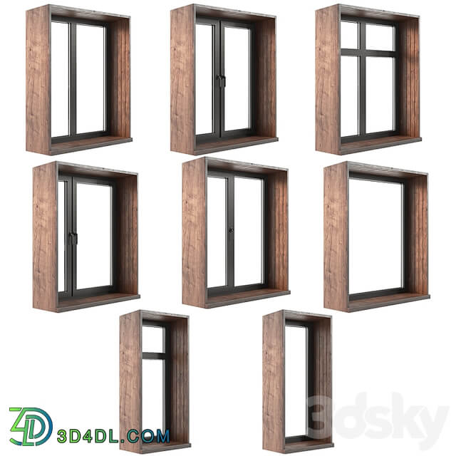 A set of plastic windows with wooden trim.