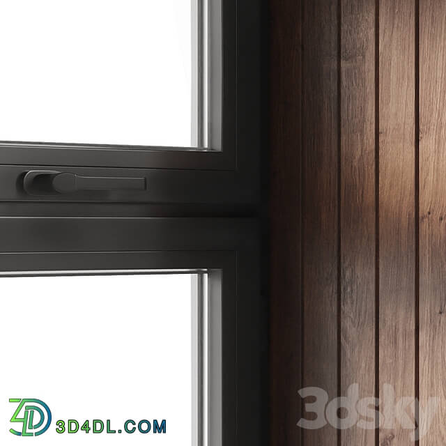 A set of plastic windows with wooden trim.