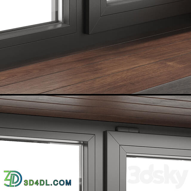 A set of plastic windows with wooden trim.