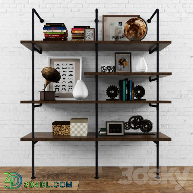 Vintag shelves loft wiht decor set 3D Models