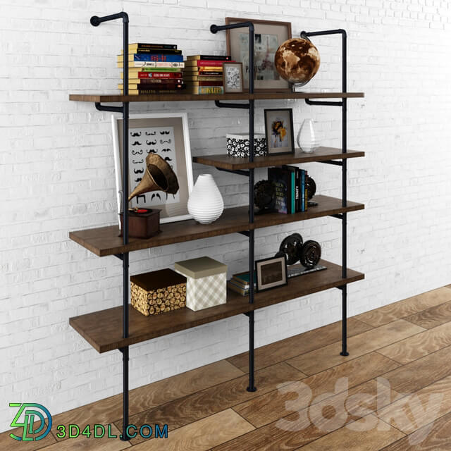 Vintag shelves loft wiht decor set 3D Models