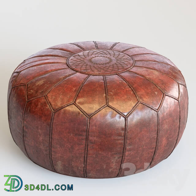 Vintage Round Moroccan Chocolate Brown Leather Pouf Hand Tooled In Marrakech