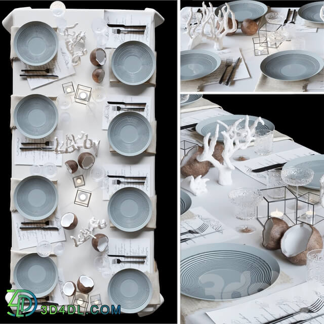 Table setting with collectible crockery candles and marine style corals 3D Models