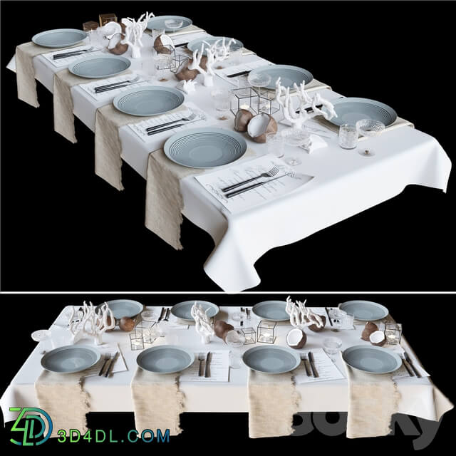 Table setting with collectible crockery candles and marine style corals 3D Models