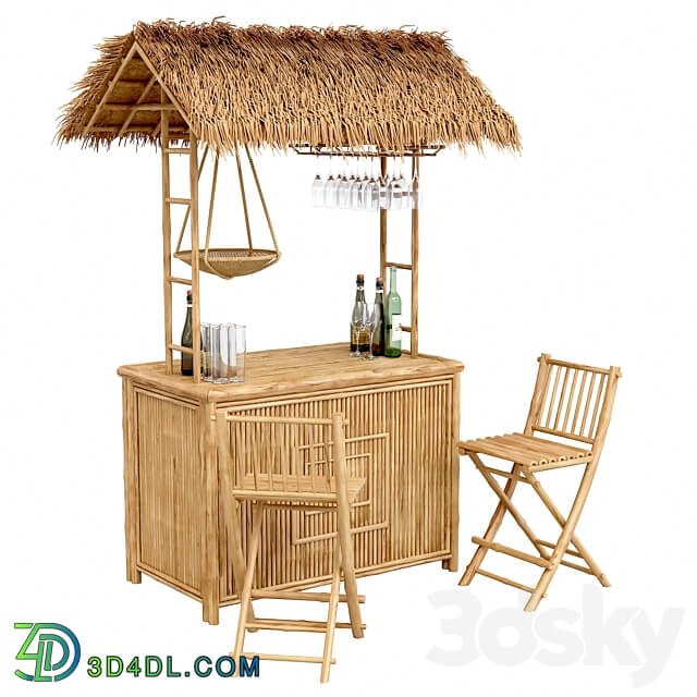 Beach Bamboo Bar with bottles and glasses 3D Models