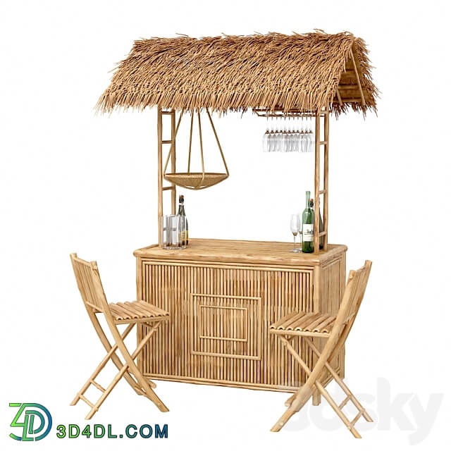 Beach Bamboo Bar with bottles and glasses 3D Models