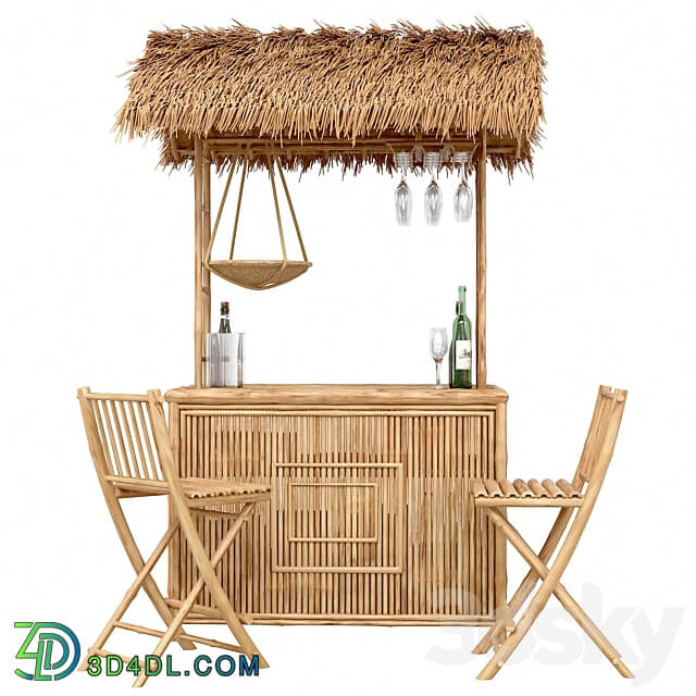 Beach Bamboo Bar with bottles and glasses 3D Models