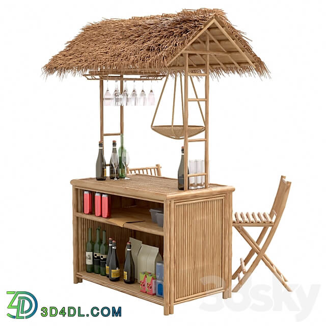 Beach Bamboo Bar with bottles and glasses 3D Models