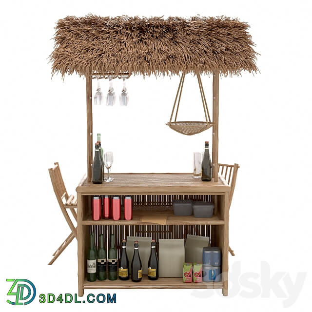 Beach Bamboo Bar with bottles and glasses 3D Models