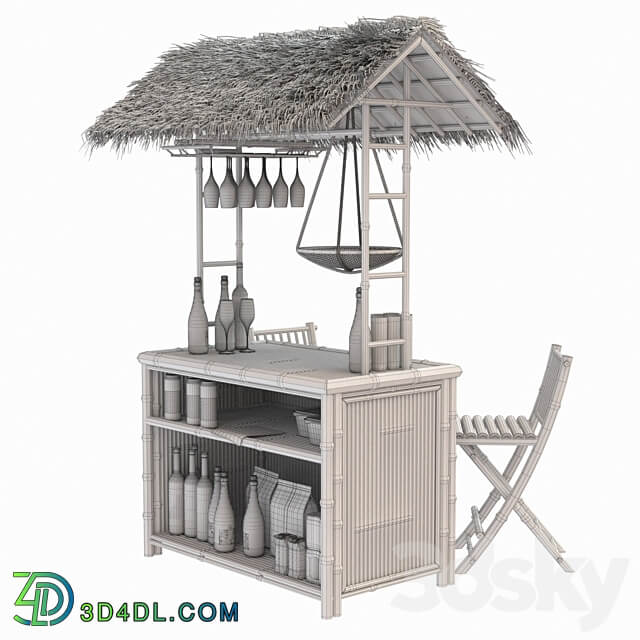 Beach Bamboo Bar with bottles and glasses 3D Models