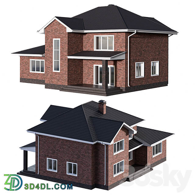 Two storey brick house with a pitched roof 3D Models