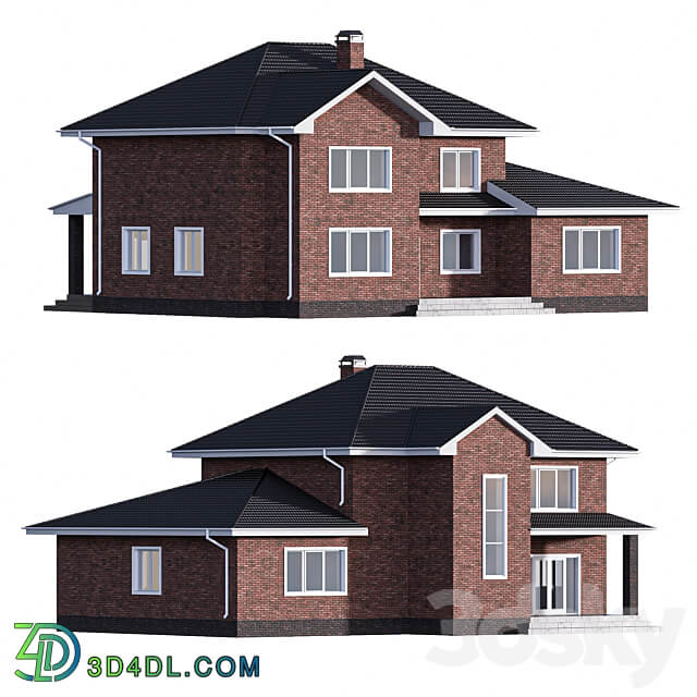 Two storey brick house with a pitched roof 3D Models