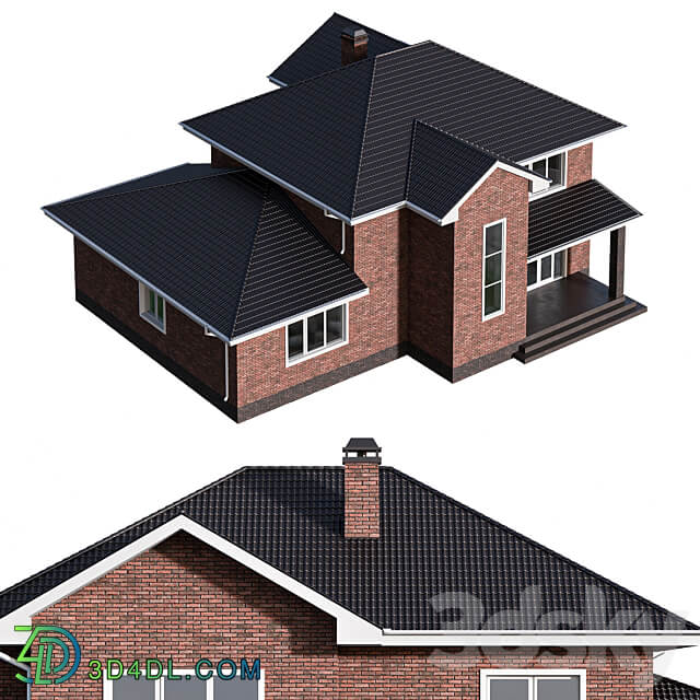 Two storey brick house with a pitched roof 3D Models