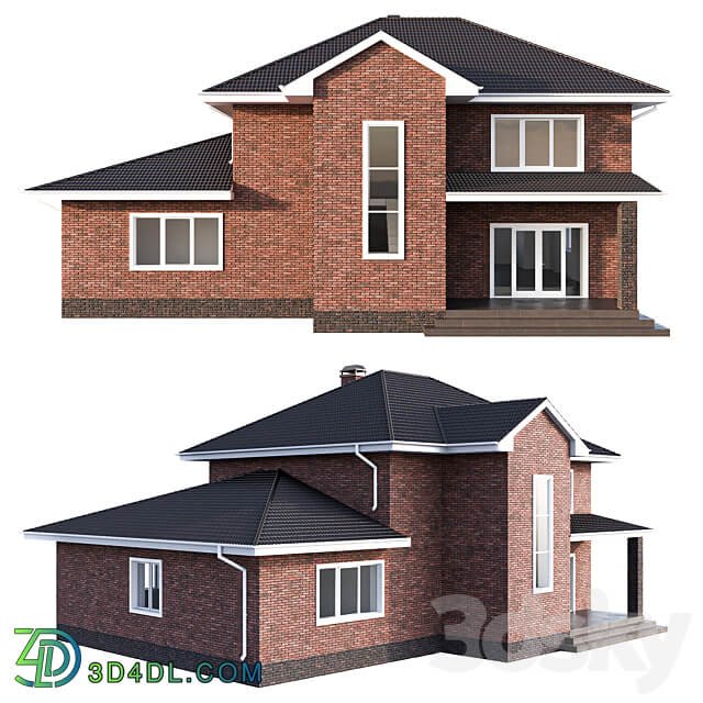 Two storey brick house with a pitched roof 3D Models