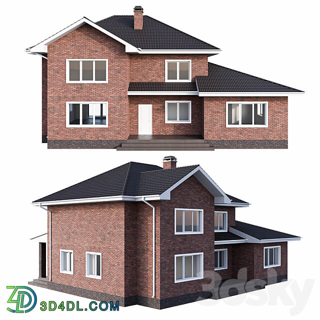 Two storey brick house with a pitched roof 3D Models