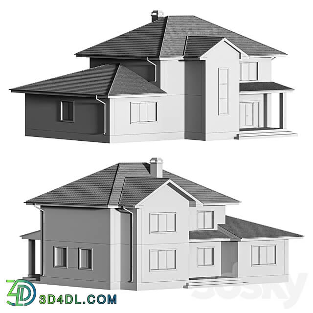 Two storey brick house with a pitched roof 3D Models