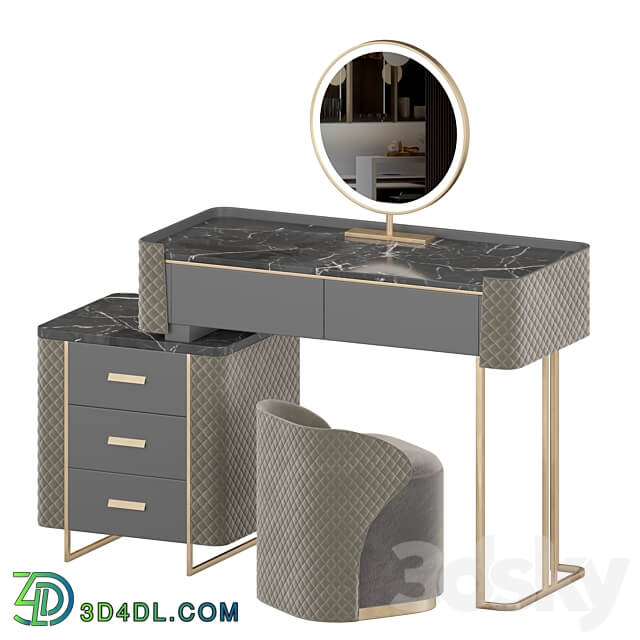 Luxury Makeup Vanity Set with LED Lighted Mirror Side Cabinet and 5 Drawers Modern Sintered Stone Dressing Table with Stool for Bedroom 3D Models