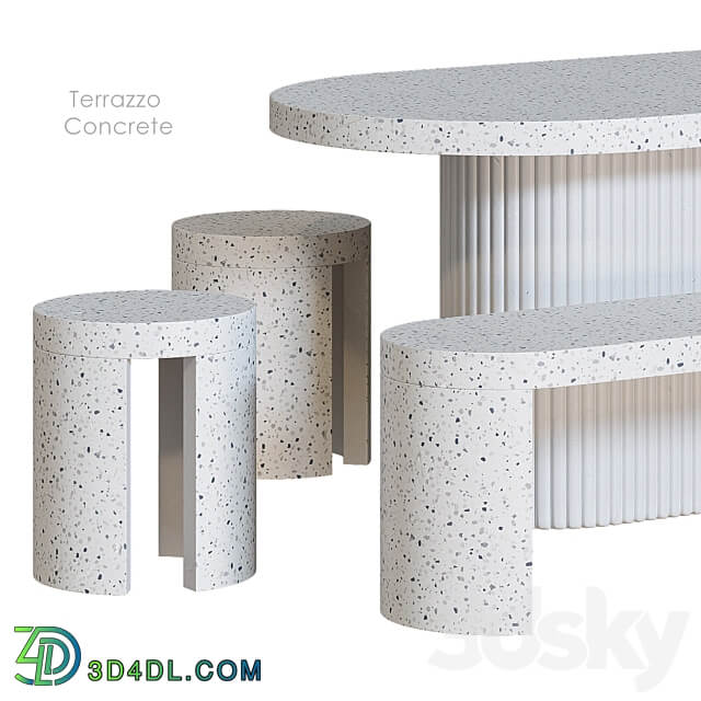 Terrazzo Concrete Table Stool Bench Table Chair 3D Models