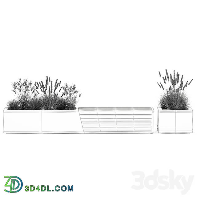 Bench flowerbed for the urban environment in a concrete flowerpot with bushes of reeds and dried flowers, dry grass. 1142.