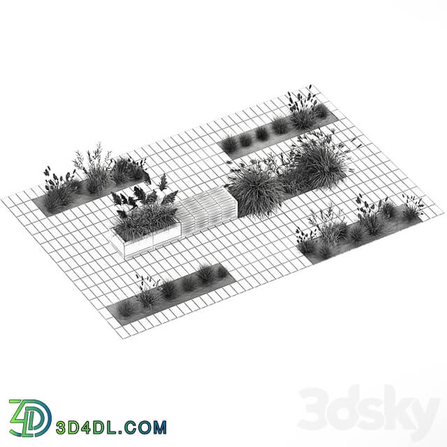 Flower bed with feather grass bushes, Miscanthus, Cortaderia and white pampas grass, bench and bench paving slabs. 1147.