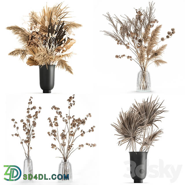 A set of flower bouquets in vases of dried flowers, palm branch, pampas grass, reed grass, hydrangea, thorns. 283