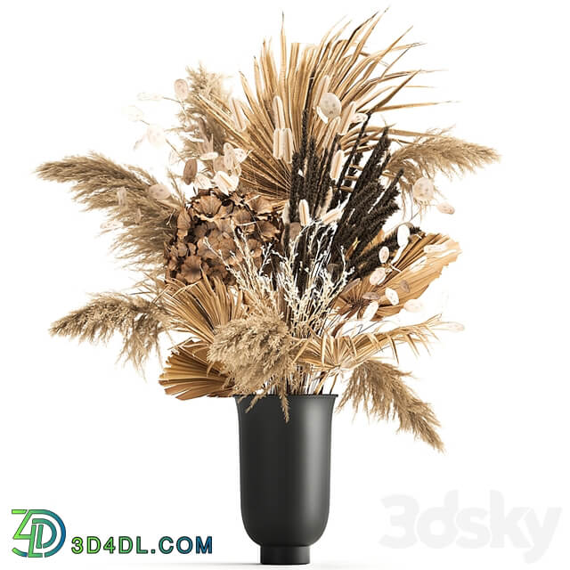 A set of flower bouquets in vases of dried flowers, palm branch, pampas grass, reed grass, hydrangea, thorns. 283