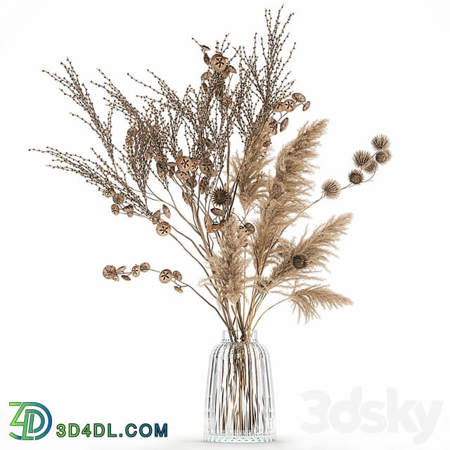 A set of flower bouquets in vases of dried flowers, palm branch, pampas grass, reed grass, hydrangea, thorns. 283