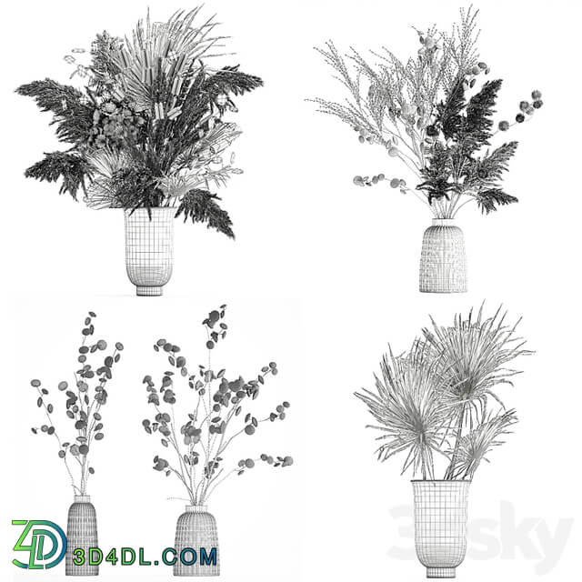 A set of flower bouquets in vases of dried flowers, palm branch, pampas grass, reed grass, hydrangea, thorns. 283