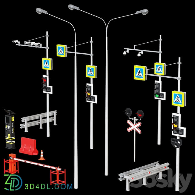 Road elements. Fences, traffic lights, cameras, parking meters.