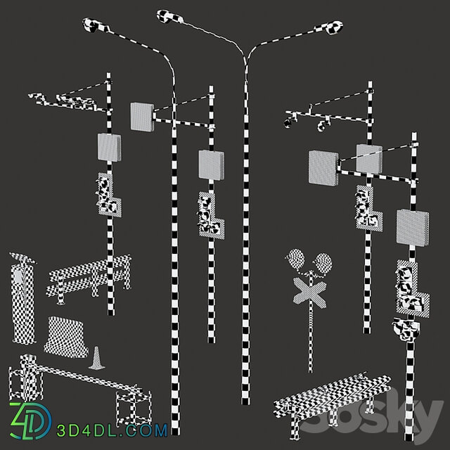 Road elements. Fences, traffic lights, cameras, parking meters.