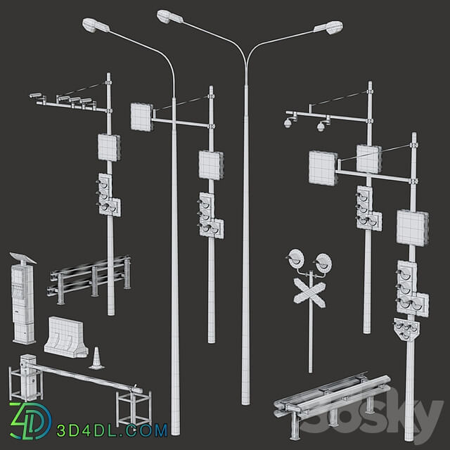 Road elements. Fences, traffic lights, cameras, parking meters.