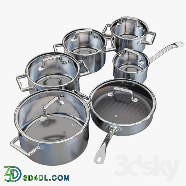 Tableware A set of stainless steel saucepans. Queen Ruby Company