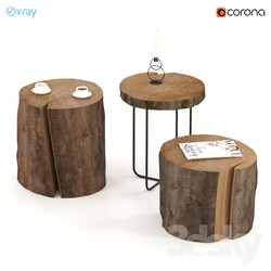 Coffee tables of stumps and slabs. 