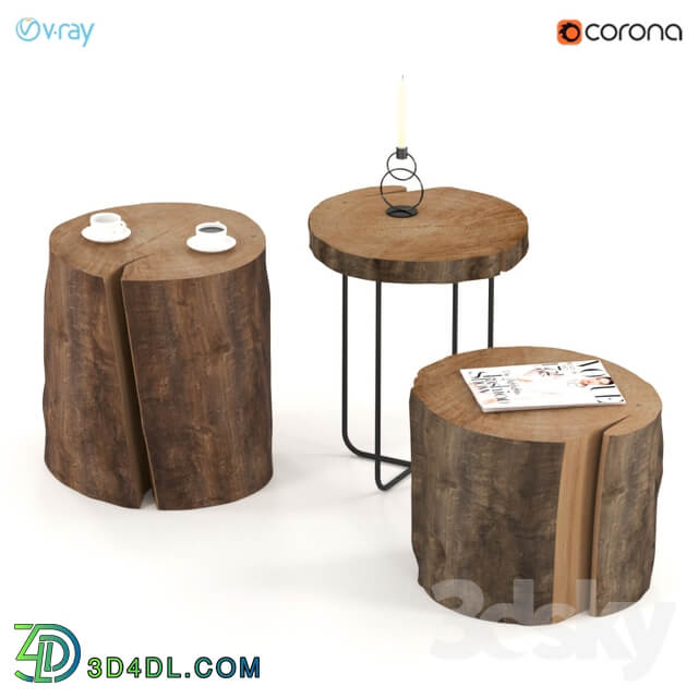 Coffee tables of stumps and slabs.