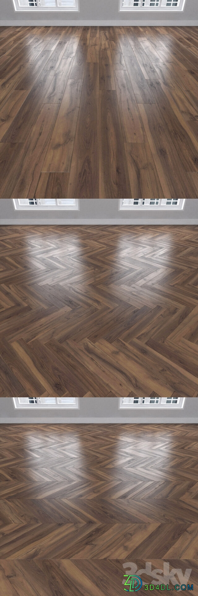 Wood Parquet Walnut 3 types herringbone linear chevron.