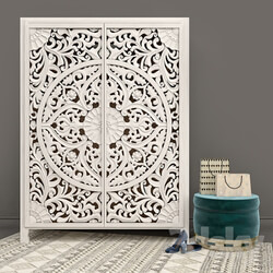 Wardrobe Display cabinets Carved Lombok Armoire with Velvet Carousel Ottoman pouf by Anthropologie 