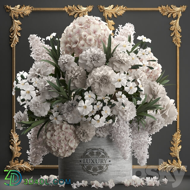 Bouquet of flowers 91. luxury bouquet stucco frame Hydrangea lilac peonies oleander vase white bouquet gold luxury decor 3D Models