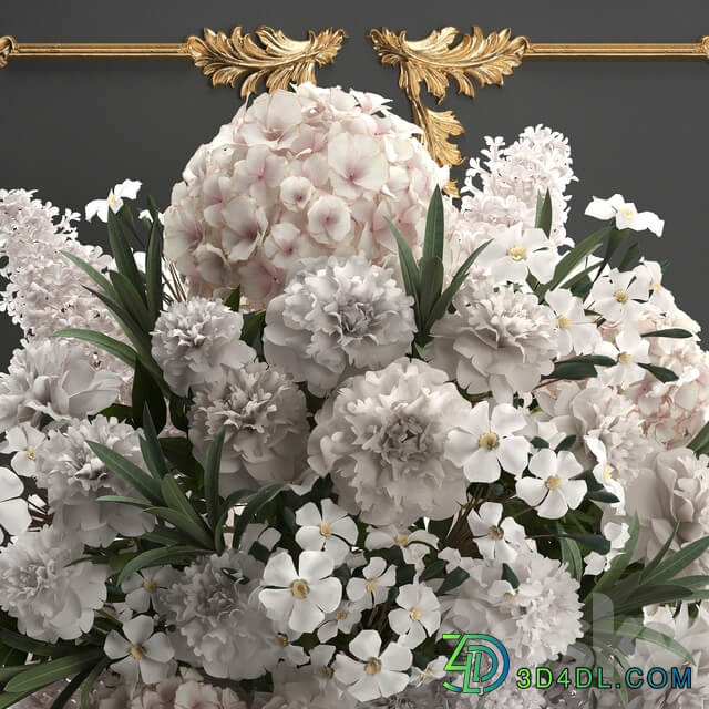 Bouquet of flowers 91. luxury bouquet stucco frame Hydrangea lilac peonies oleander vase white bouquet gold luxury decor 3D Models