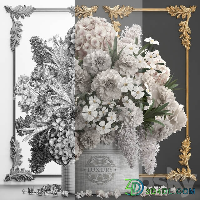 Bouquet of flowers 91. luxury bouquet stucco frame Hydrangea lilac peonies oleander vase white bouquet gold luxury decor 3D Models