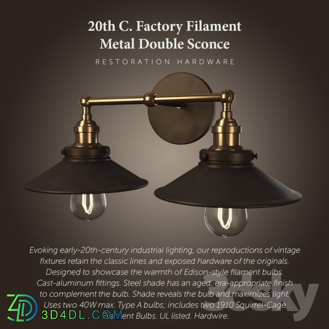 20th C. Factory Filament Metal Double Sconce