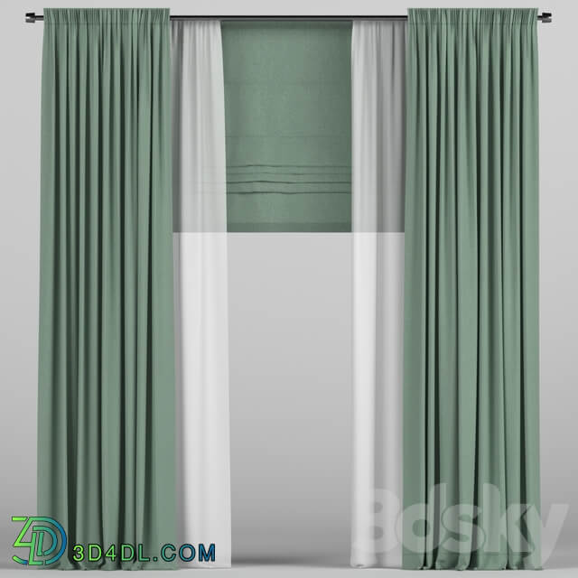 Green curtains with roman.