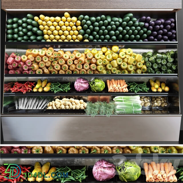 Showcase in a supermarket with fresh fruits and vegetables. Food 3D Models