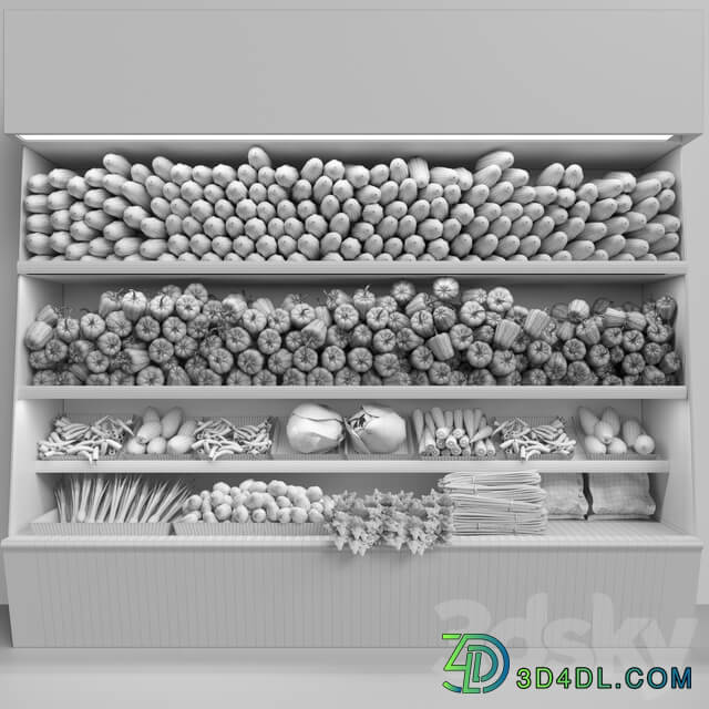 Showcase in a supermarket with fresh fruits and vegetables. Food 3D Models