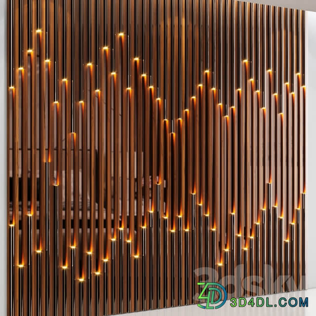 Wall panel made of wood planks cognac mirror and polished pipes