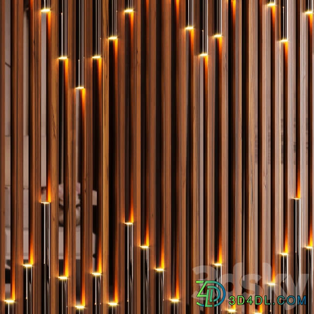 Wall panel made of wood planks cognac mirror and polished pipes